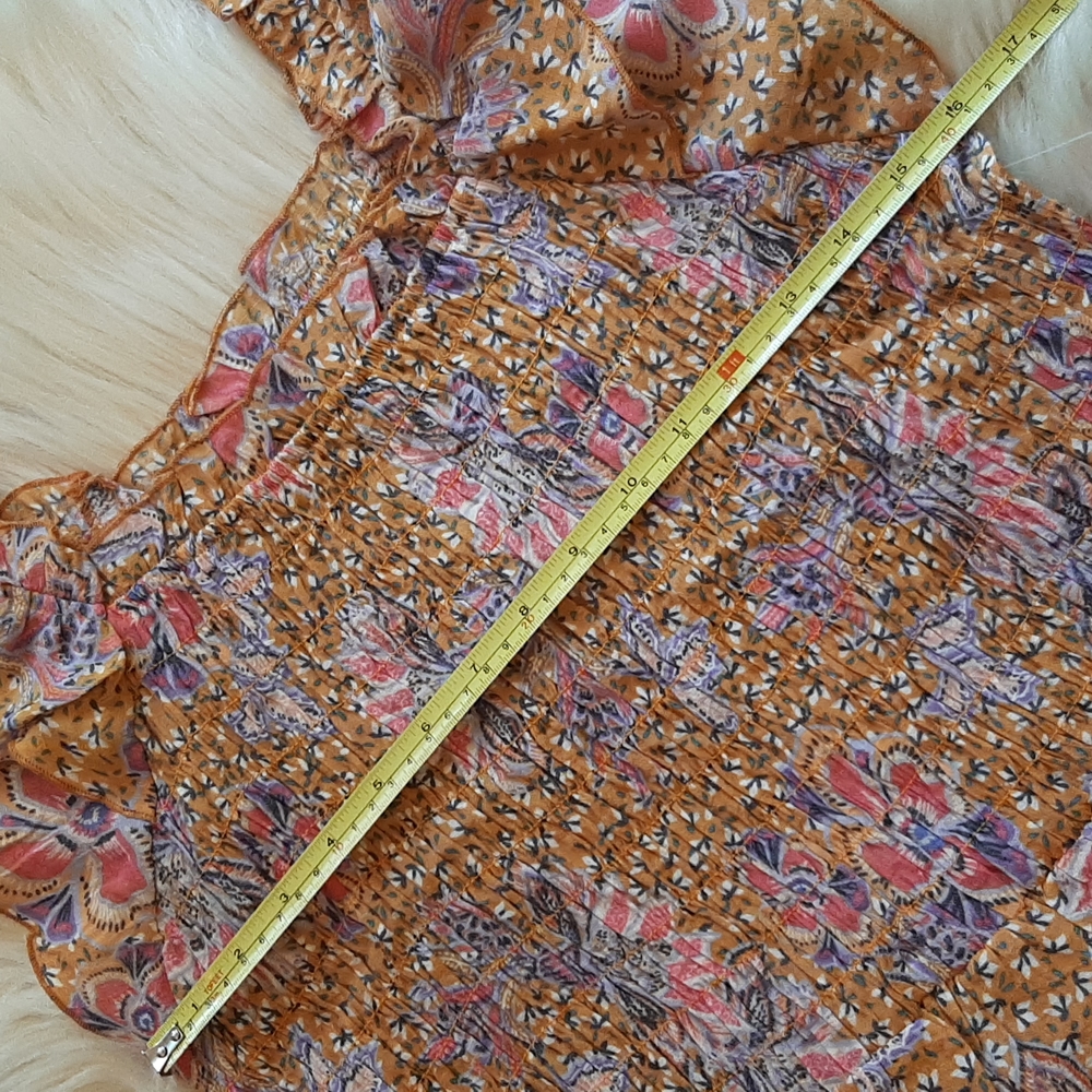 Nanette Lepore Burnt Orange Floral Print Ruched Ruffle Bottom Top, Large, NWT - Picture 11 of 12